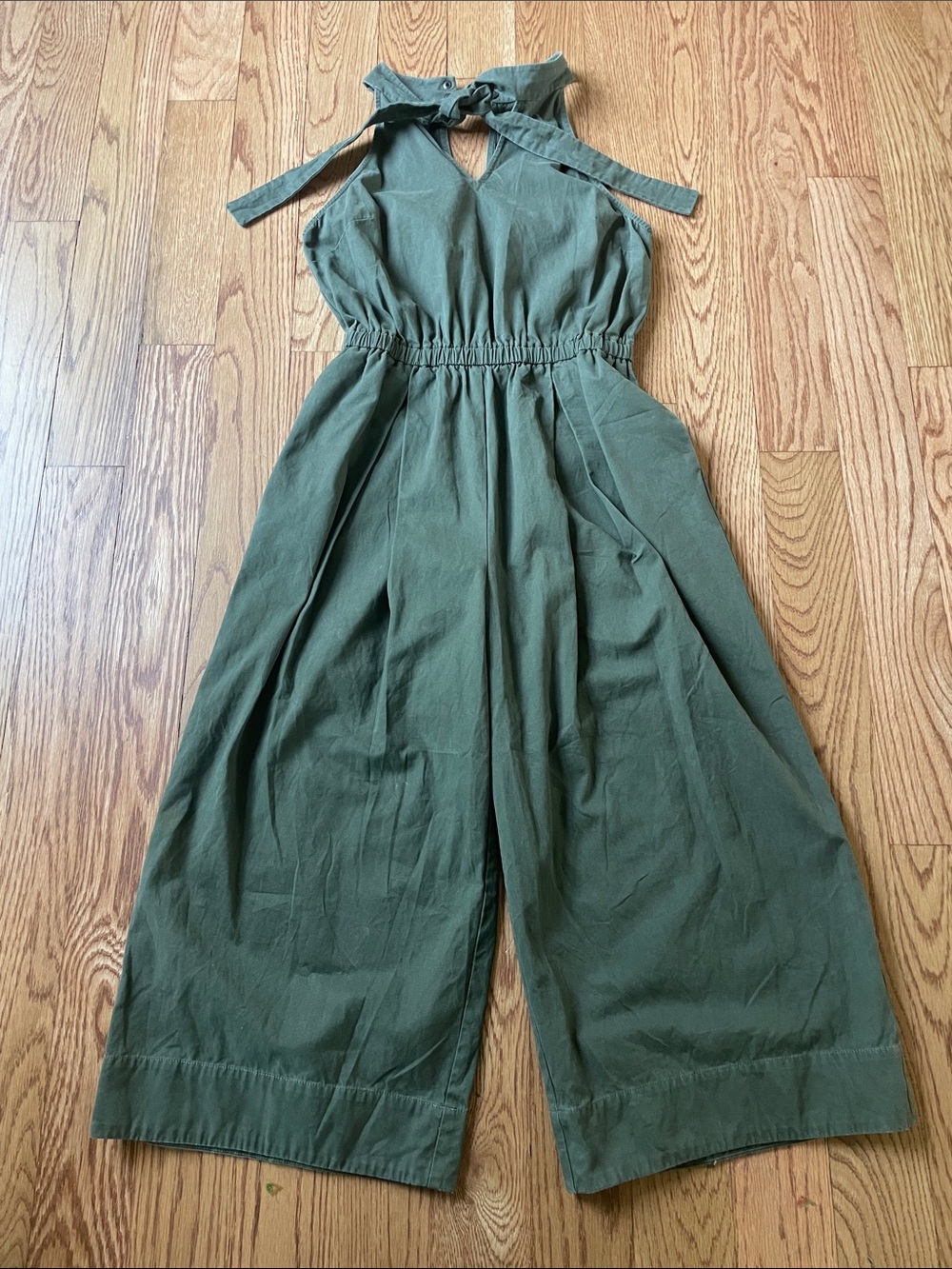 English Factory Olive Halter Tie-Neck Wide-Leg Jumpsuit